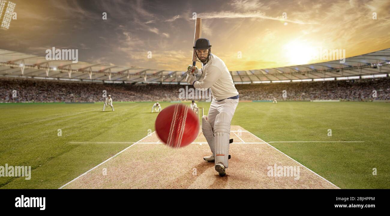 Ein Sportler, der im Stadion Cricket spielt, während die Zuschauer anfeuern Stockfoto