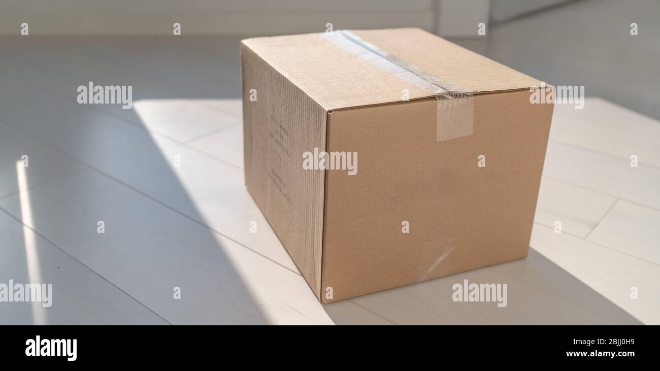 Nach Hause Lieferung Karton Paket vor der Haustür auf dem Boden der Eingangstür geliefert. Paketversand für Online-Shopping-Unternehmen im Einzelhandel. Stockfoto