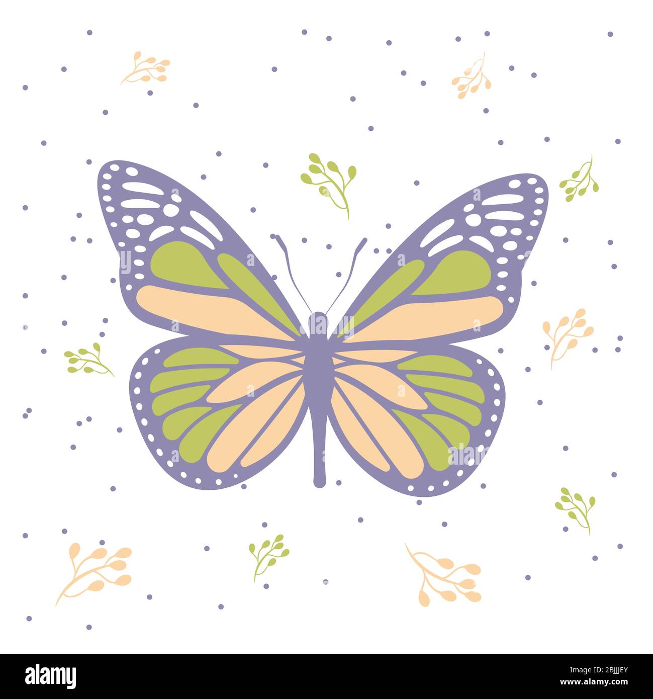 Schmetterling, farbige Blätter und Punkte, nahtlose Muster oder Vorlage, isoliert auf weiß,., Illustrationen Stockfoto