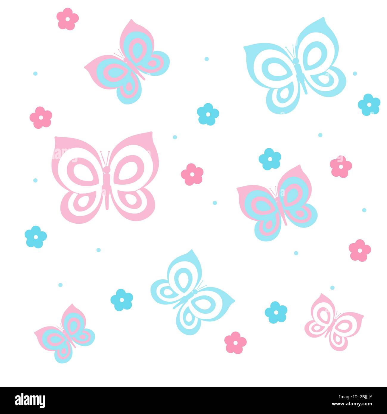 Niedliche kleine farbige Butterflys Charakter isoliert auf weiß., Illustrationen nahtlose Muster oder Vorlage, isoliert auf weiß, eine Reihe von blauen und Stockfoto