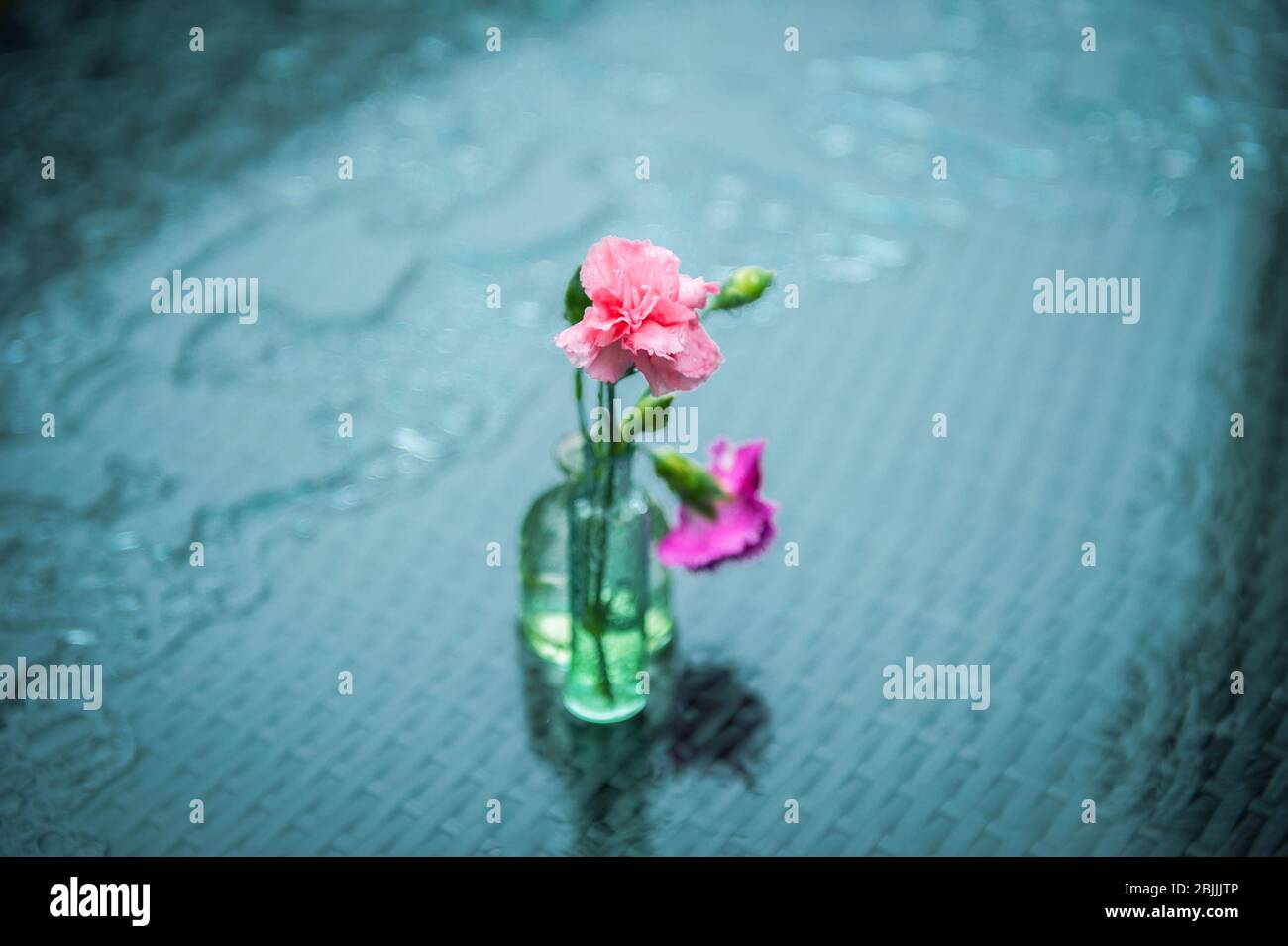 Eine Dekoration auf einem Tisch vor einem Café beim Hay Festival nach Regen, 2016. Stockfoto