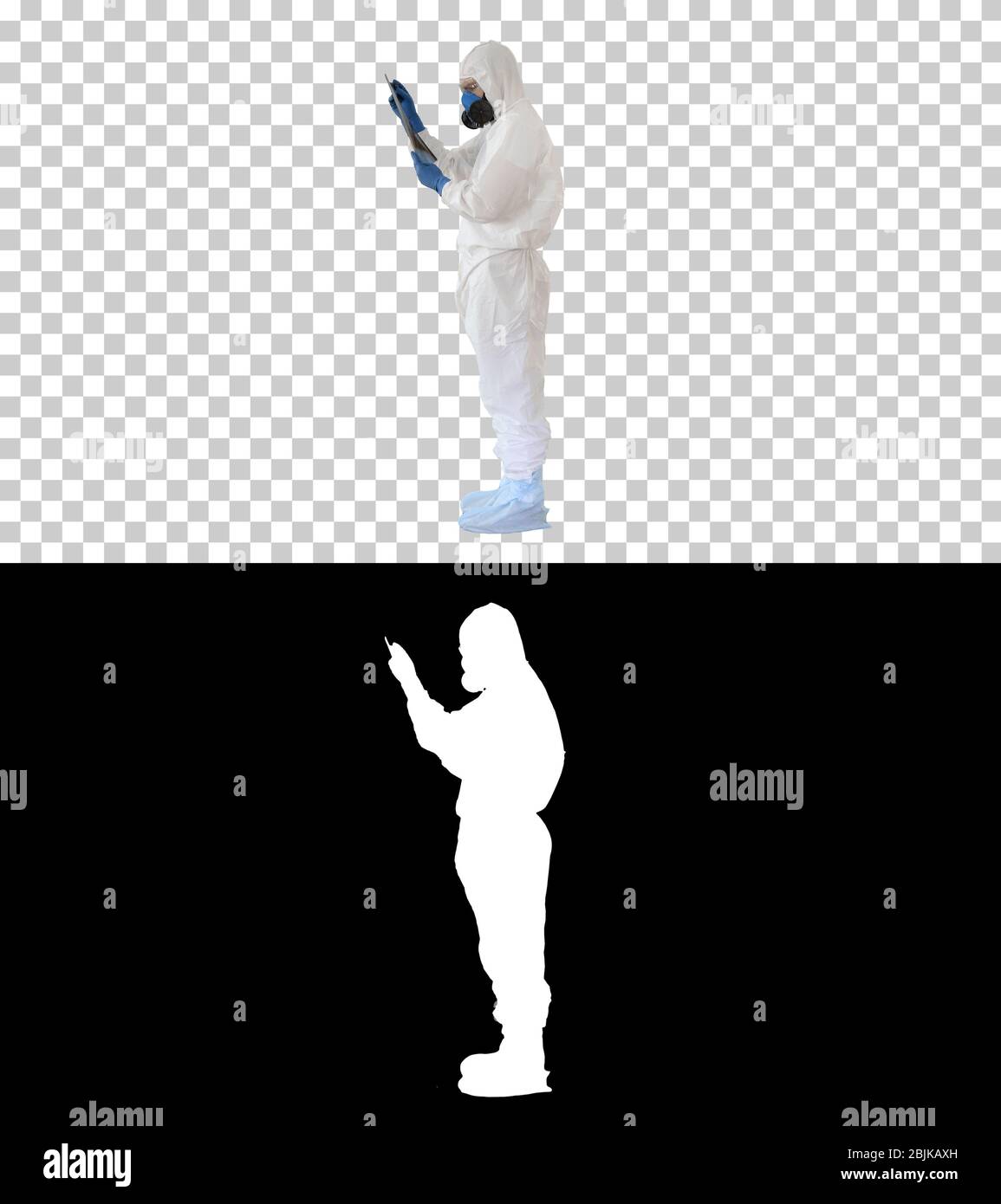 Epidemiologe in Atemschutzgeräten untersucht die Lungenentzündung des Patienten auf einem Röntgenbild Covid-19, Alpha Channel Stockfoto