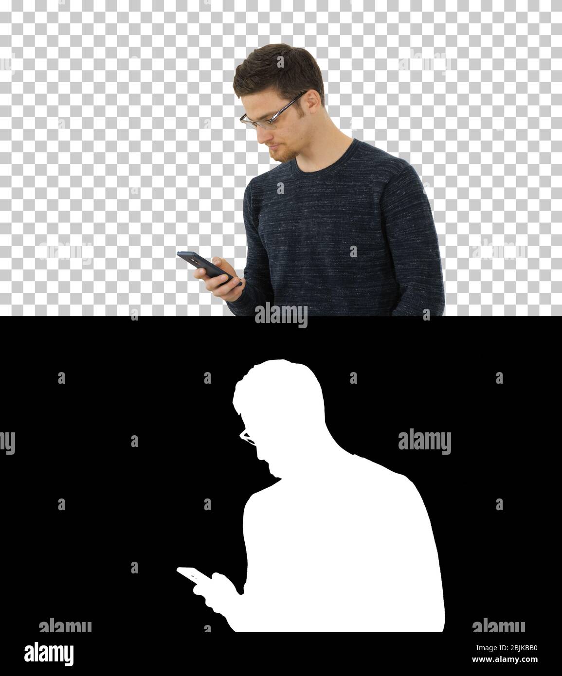 Mann mit Brille mit Husten und mit seinem Telefon, Alpha Channel Stockfoto