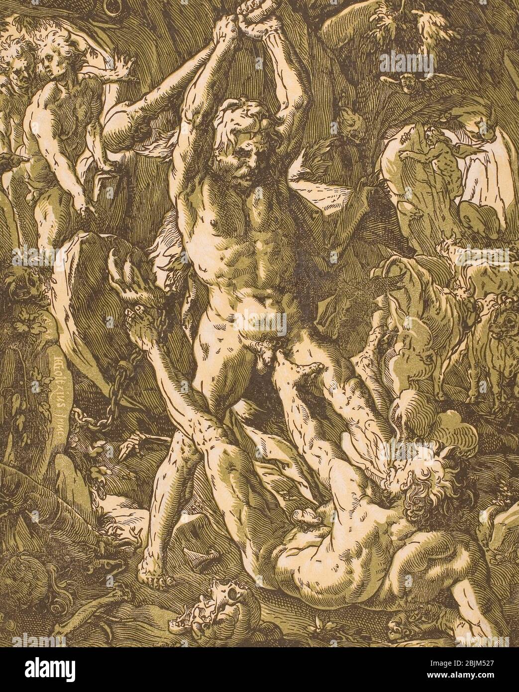 Autor: Hendrick Goltzius. Hercules Killing Cacus - 1588 - Hendrick Goltzius Dutch, 1558-1617. Chiaroscuro Holzschnitt aus drei Blöcken in schwarz, gelb Stockfoto