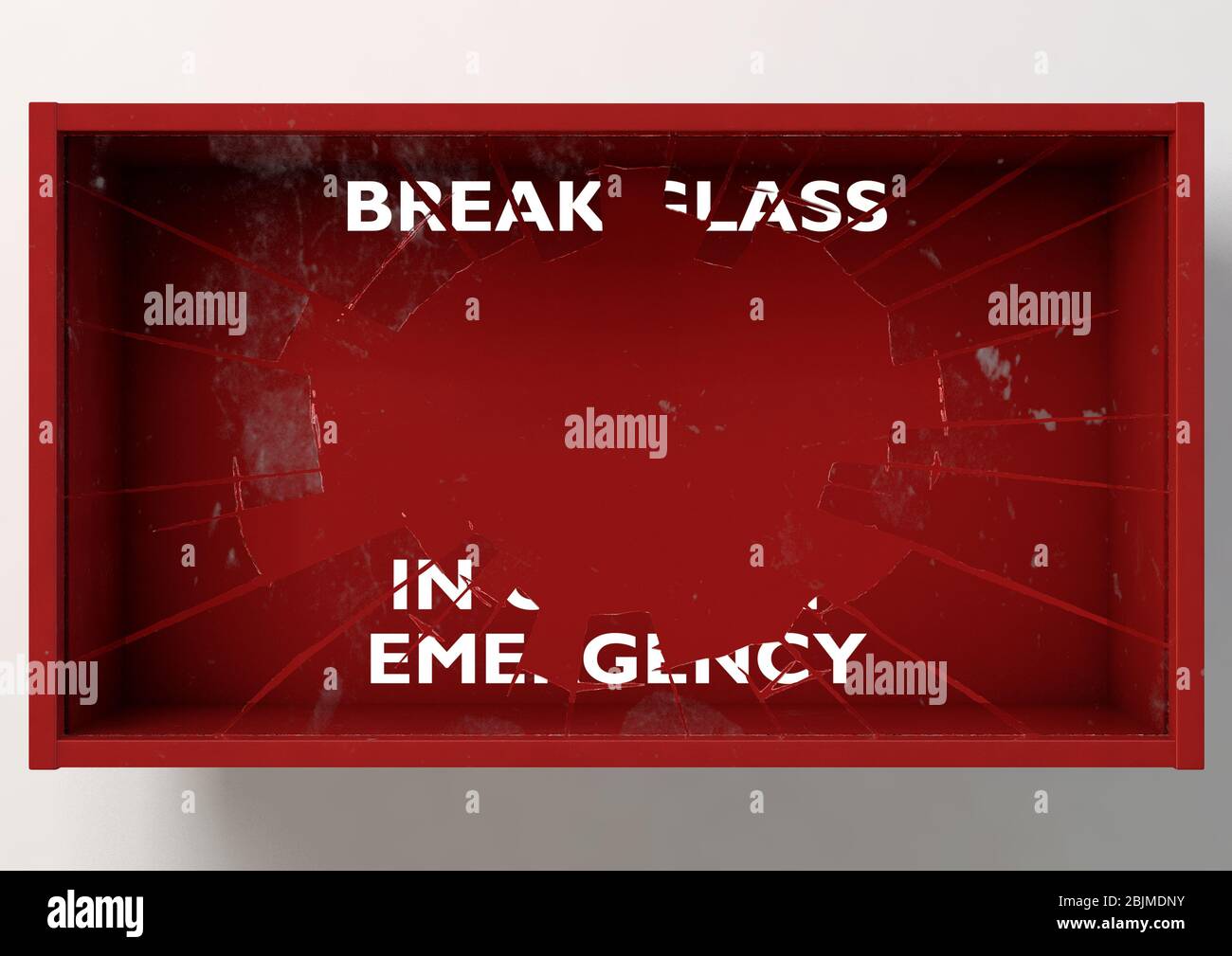 Einen leeren roten Not-Aus-Box mit einem Erschütternden im Notfall einer einschlagbaren Glasscheibe an der Vorderseite auf einem isolierten Hintergrund - 3D-Rendering Stockfoto