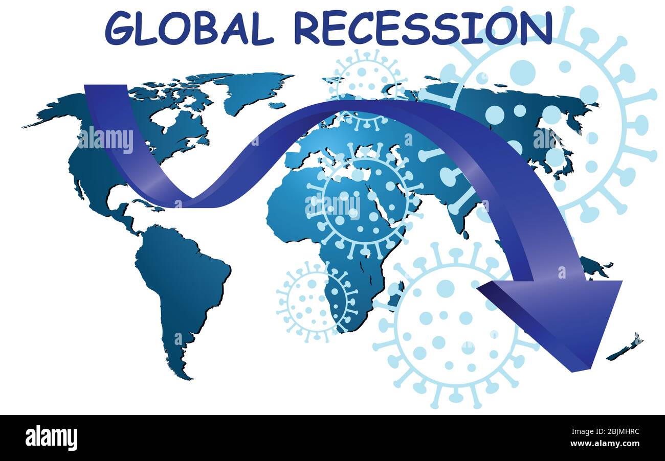 Darstellung der weltweiten finanziellen Rezession infolge der Viruspandemie auf der Weltkarte isoliert auf weißem Hintergrund Stockfoto