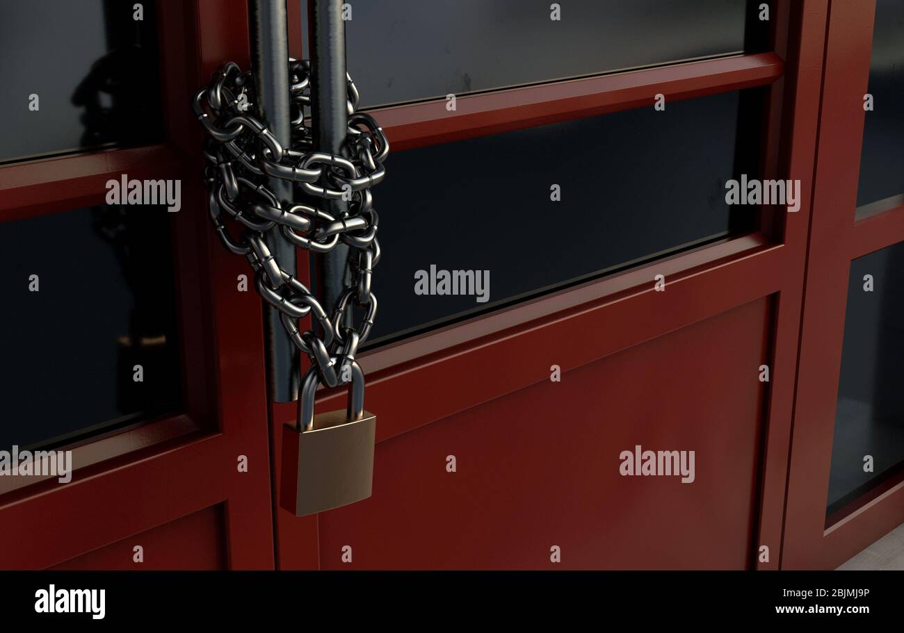 Eine rote generische storefont Tür verkettet geschlossen und mit einer Kette ein Vorhängeschloss verschlossen - 3D-Rendering Stockfoto