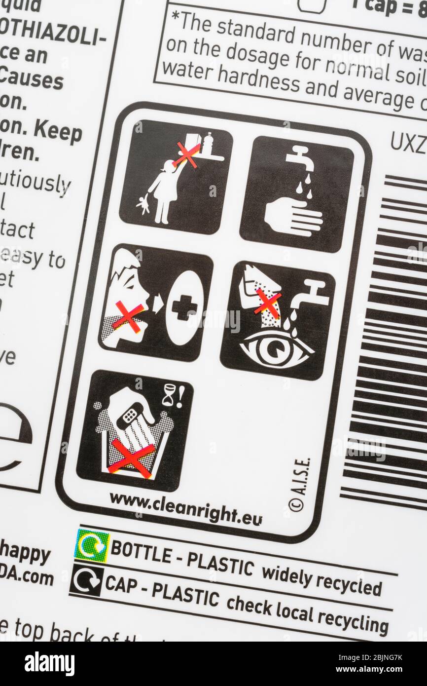 ASDA Waschseife Flüssigkeit mit ASIE Gefahr Piktogramme für chemische Reizstoffe auf Warnschild. Gefährliche Haushaltsprodukte. Stockfoto