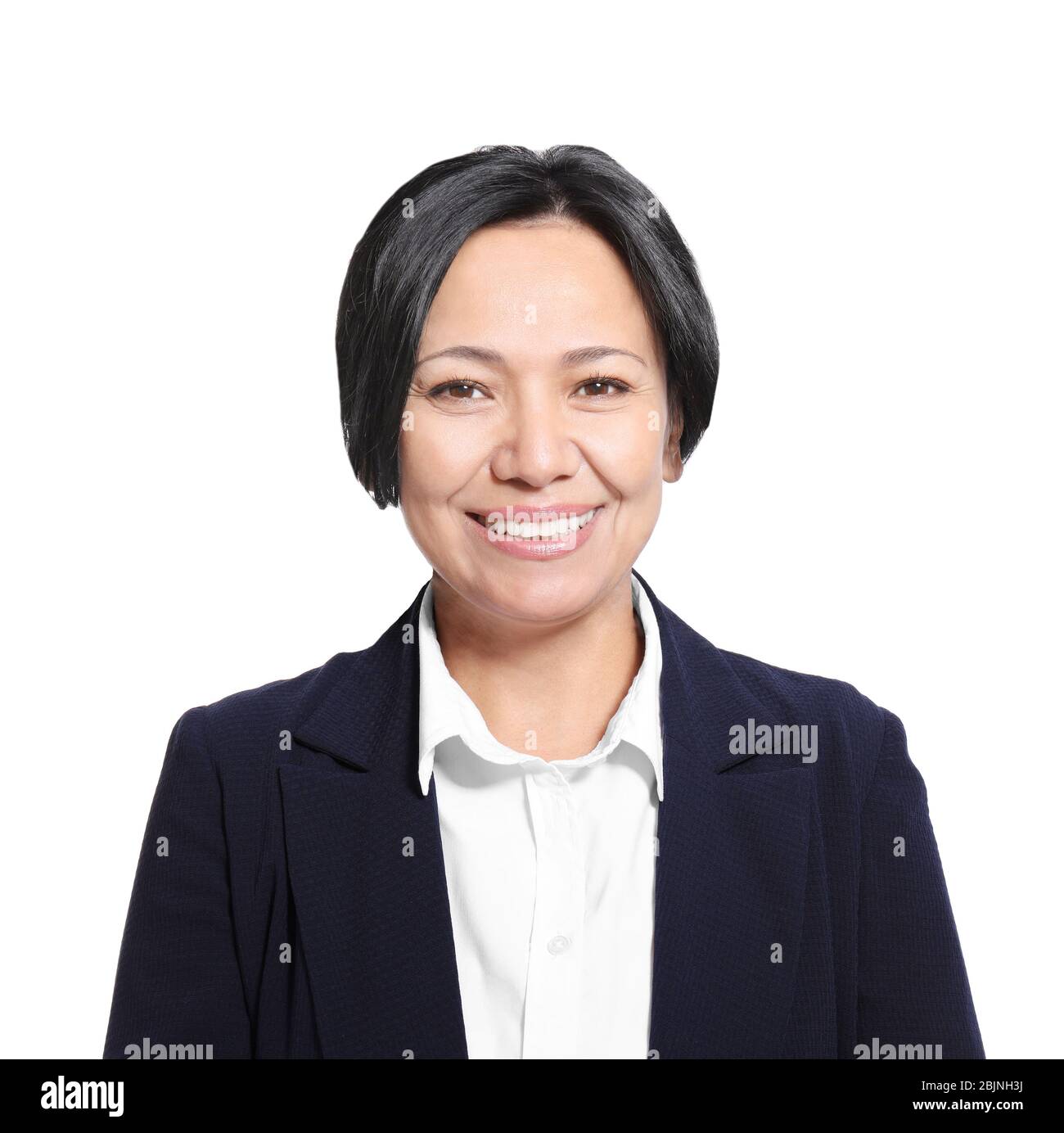 Schöne, reife Frau auf weißem Hintergrund Stockfoto