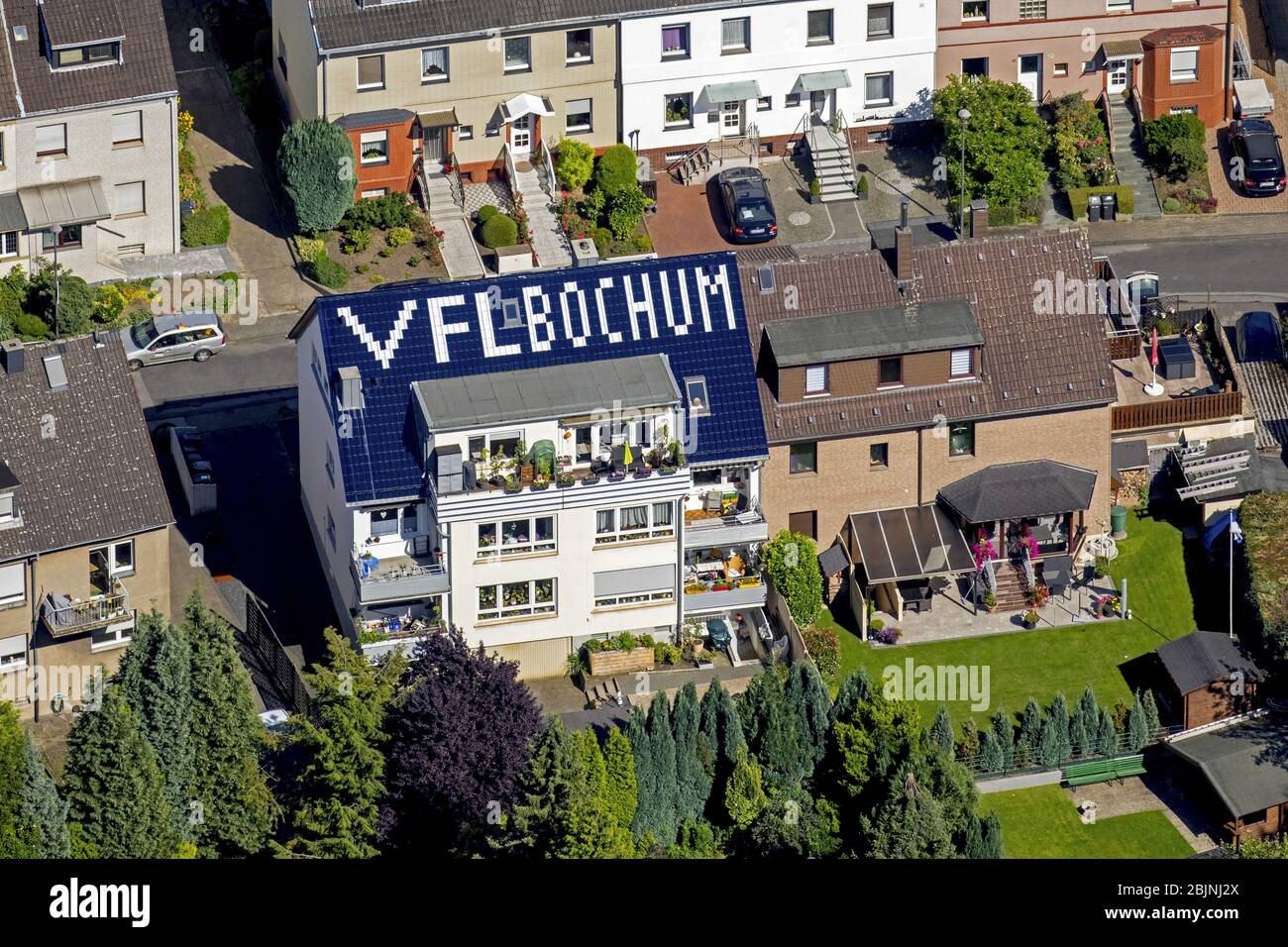 Hausdach mit der Schrift VfL Bochum, 17.08.2016, Luftaufnahme, Deutschland, Nordrhein-Westfalen, Ruhrgebiet, Bochum Stockfoto