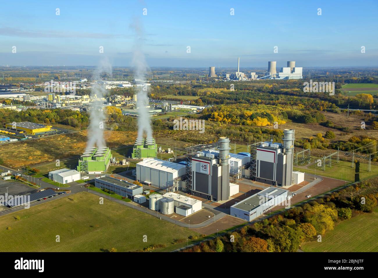 Trianel Gas- und Dampfkraftwerk in Hamm-Uentrop am Abend, 31.10.2016, Luftaufnahme, Deutschland, Nordrhein-Westfalen, Ruhrgebiet, Hamm Stockfoto