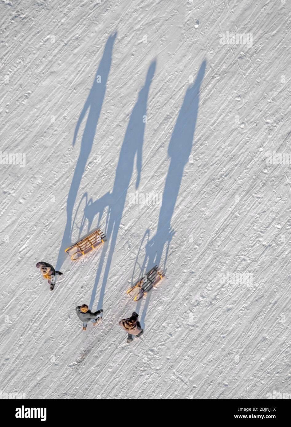, drei Kinder Rodel und lange Schatten, 22.01.2017, Luftaufnahme, Deutschland, Nordrhein-Westfalen, Arnsberg Stockfoto