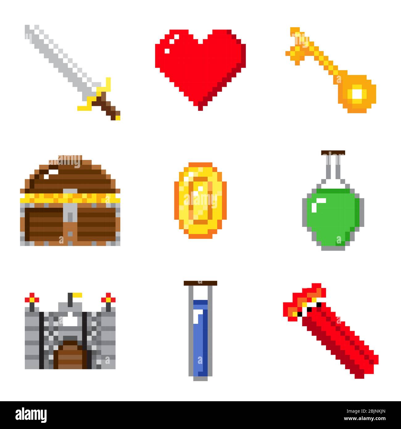 Set von Pixel-Spiele auf weißem Hintergrund mit Burg, Schwert und Objekt. Stockfoto