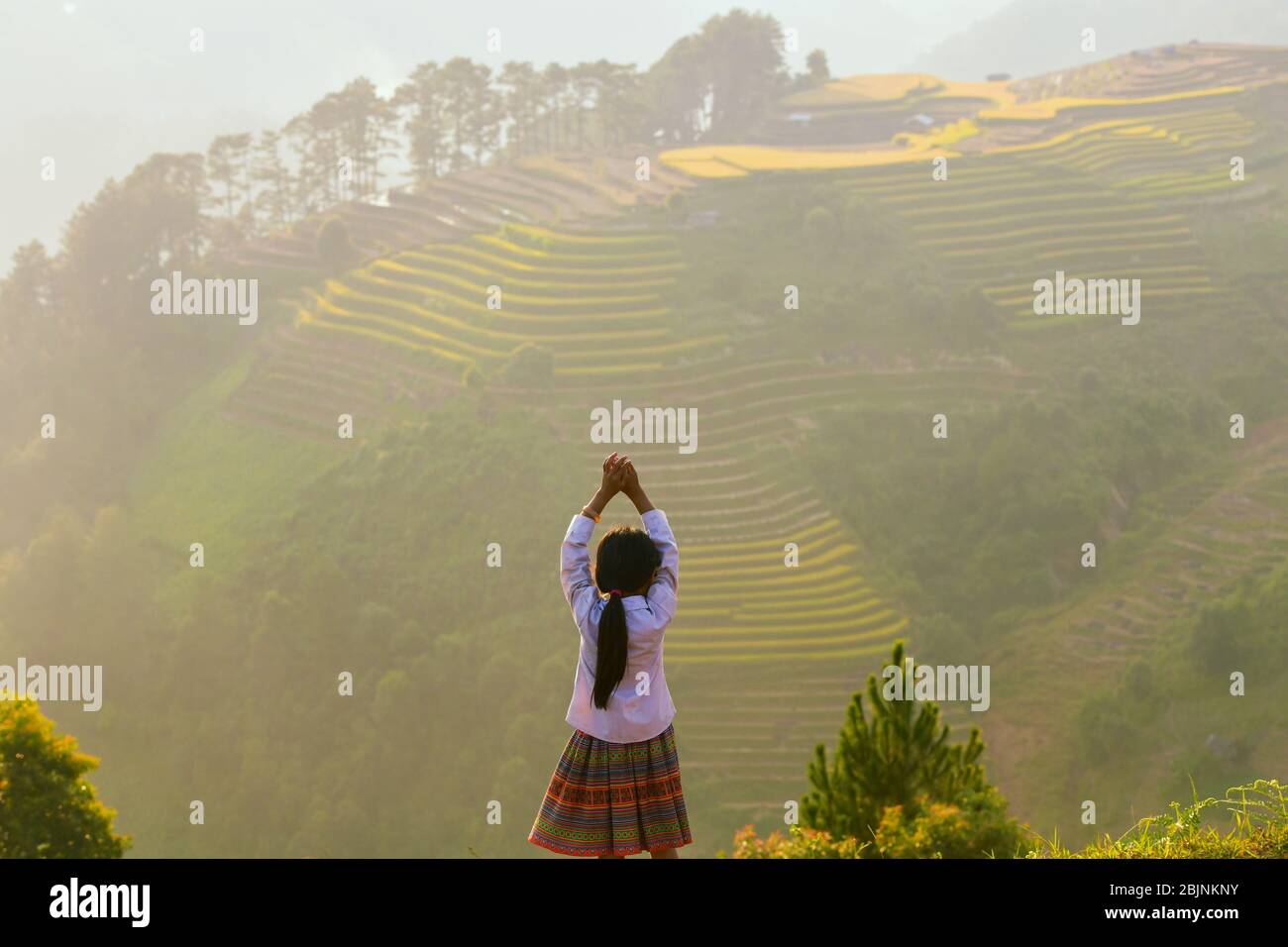 Frau, die bei Sonnenuntergang vor terrassierten Reisfeldern steht, Mu Cang Chai, Vietnam Stockfoto