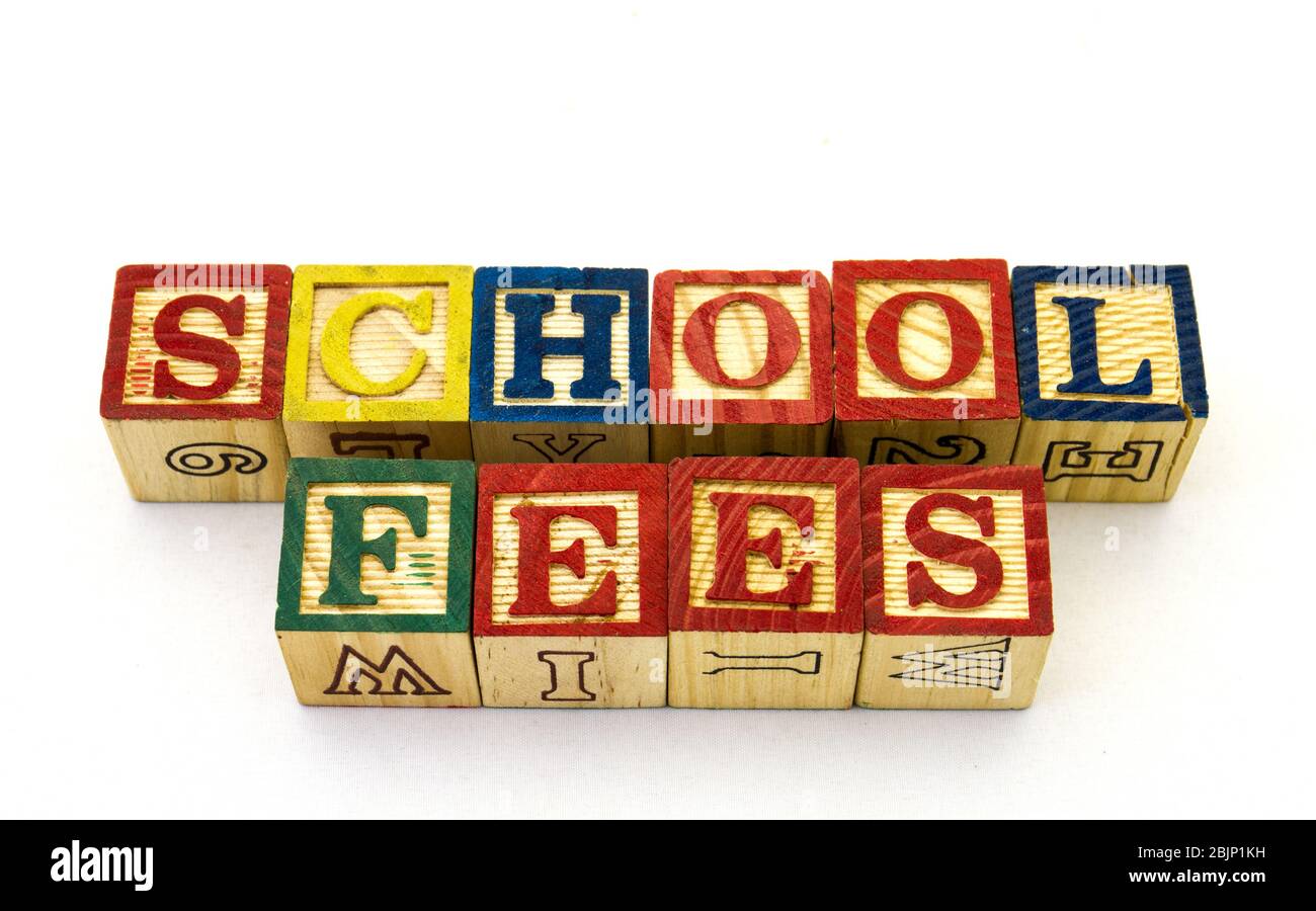 Der Begriff Schulgebühren visuell auf einem klaren Hintergrund mit bunten Holz Spielzeugblöcke Bild mit Kopierraum in horizontalem Format angezeigt Stockfoto