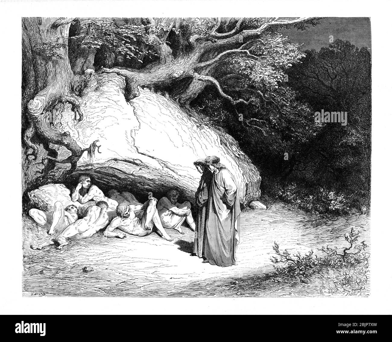 Aus der Göttlichen Komödie des italienischen Dichters Dante Alighieri aus dem 14. Jahrhundert. 1860 Kunstwerk des französischen Künstlers Gustave Dore und gestochen von Stephane Pannemaker, aus 'The Vision of Hell' (1868), Carys englische Übersetzung des Inferno. Dante schrieb sein episches Gedicht "Divina Commedia" (die Göttliche Komödie) zwischen 1308 und seinem Tod 1321. Es besteht aus 14,233 Zeilen und ist in drei Teile (Inferno, Purgatorio und Paradiso) unterteilt und gilt als das größte literarische Werk der italienischen Sprache und ein Meisterwerk der Welt. Es ist ein umfassender Überblick über mittelalterliche Theologie, Literatur und Denken. Die neue nicht Stockfoto