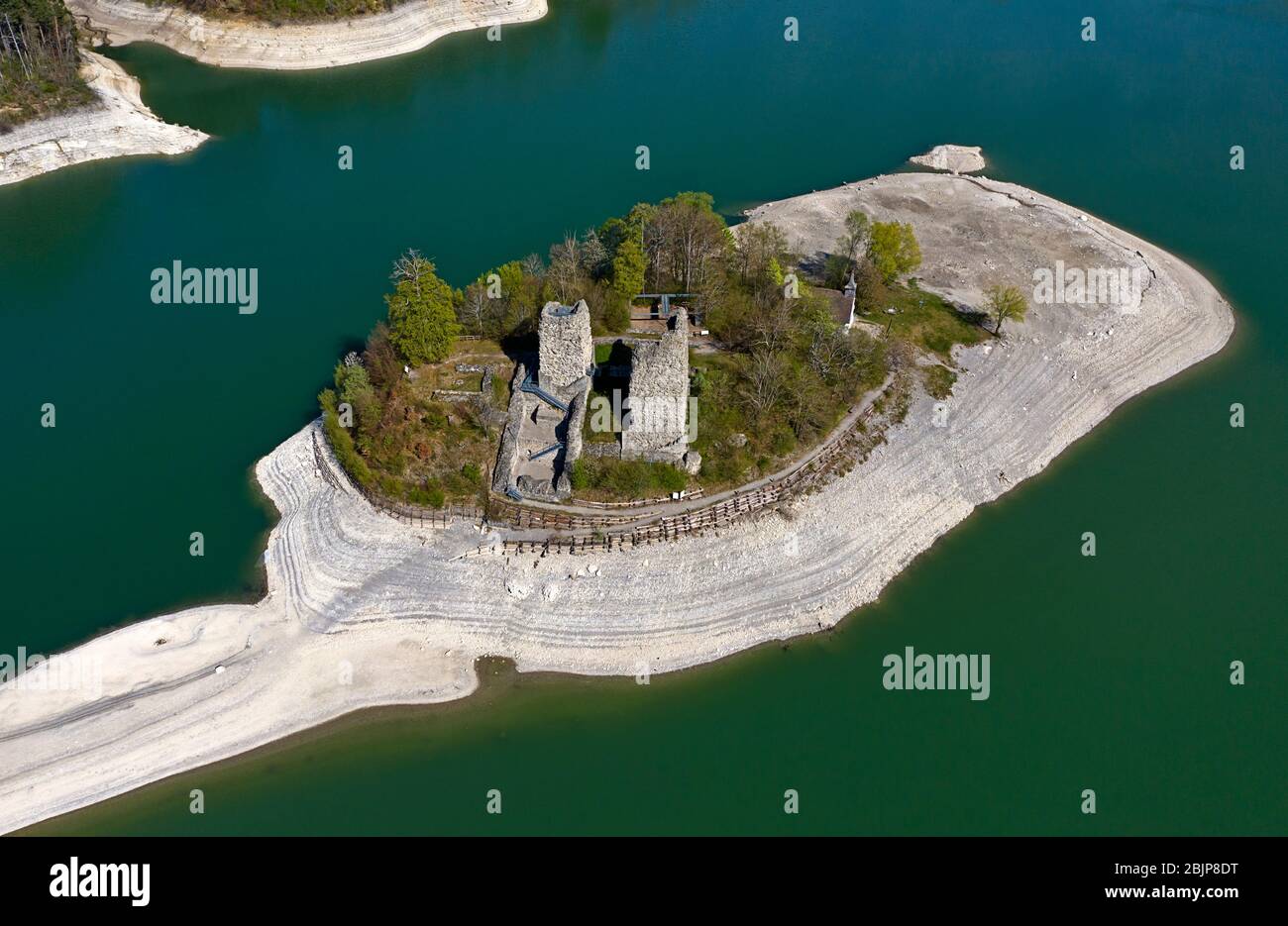Ruinen der Festung Pont-en-Ogoz auf der Insel Ogoz, Ile d’Ogoz, Lac de la Gruyere, Kanton Friborg, Schweiz Stockfoto