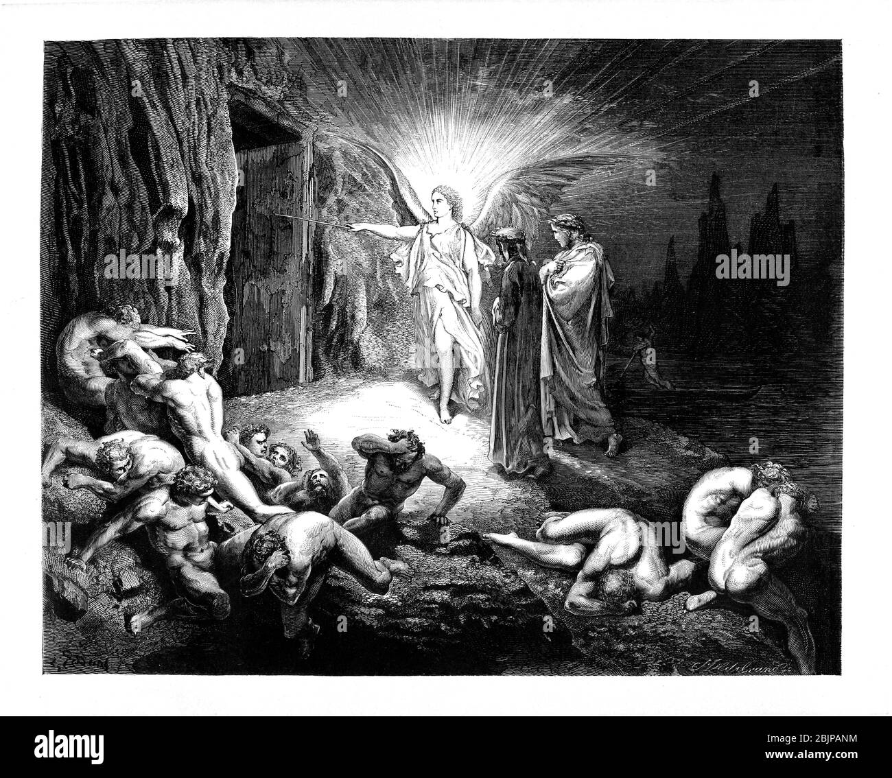 Aus der Göttlichen Komödie des italienischen Dichters Dante Alighieri aus dem 14. Jahrhundert. 1860 Kunstwerk des französischen Künstlers Gustave Dore und gestochen von Stephane Pannemaker, aus 'The Vision of Hell' (1868), Carys englische Übersetzung des Inferno. Dante schrieb sein episches Gedicht "Divina Commedia" (die Göttliche Komödie) zwischen 1308 und seinem Tod 1321. Es besteht aus 14,233 Zeilen und ist in drei Teile (Inferno, Purgatorio und Paradiso) unterteilt und gilt als das größte literarische Werk der italienischen Sprache und ein Meisterwerk der Welt. Es ist ein umfassender Überblick über mittelalterliche Theologie, Literatur und Denken. Die neue nicht Stockfoto