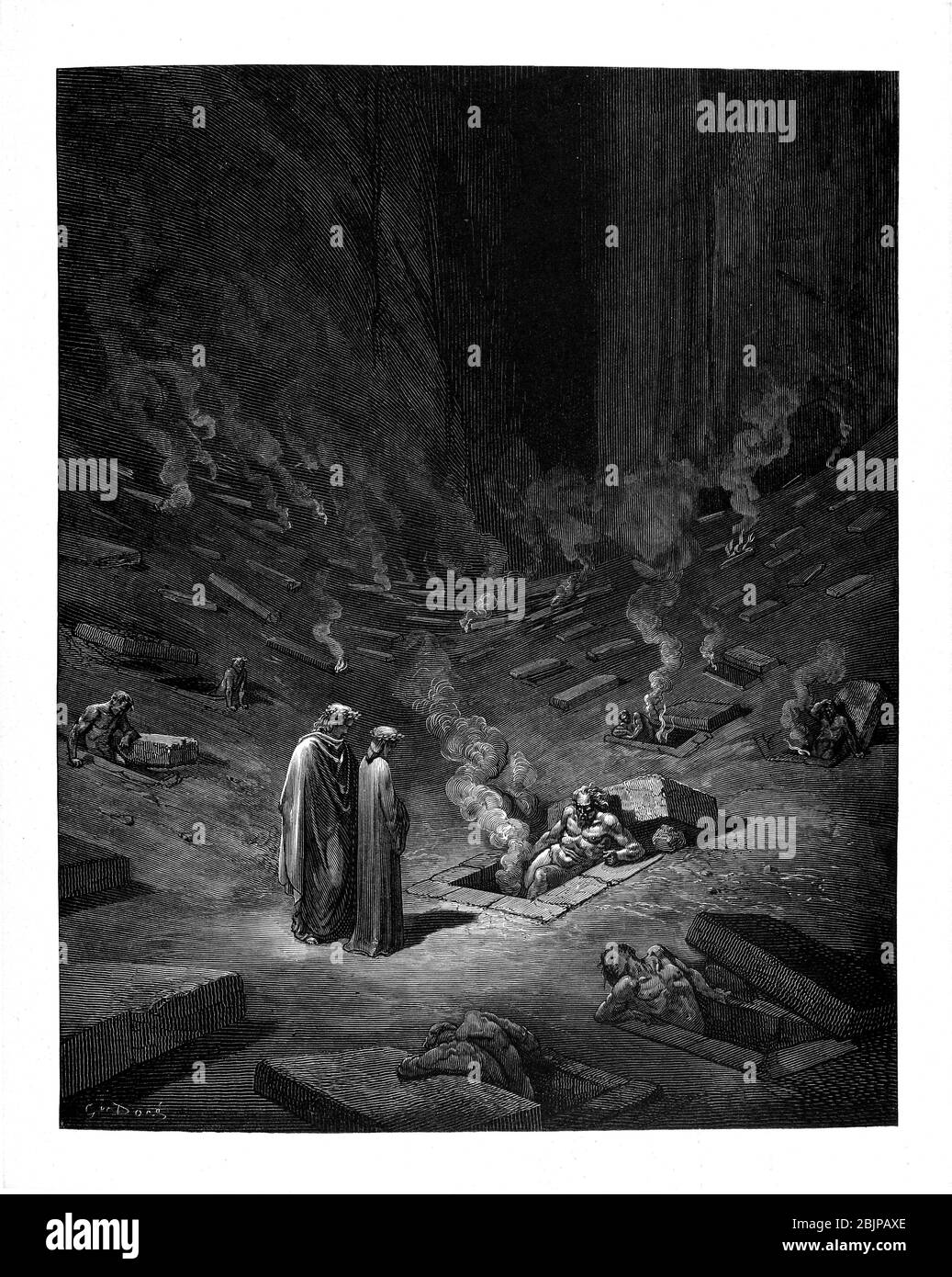 Aus der Göttlichen Komödie des italienischen Dichters Dante Alighieri aus dem 14. Jahrhundert. 1860 Kunstwerk des französischen Künstlers Gustave Dore und gestochen von Stephane Pannemaker, aus 'The Vision of Hell' (1868), Carys englische Übersetzung des Inferno. Dante schrieb sein episches Gedicht "Divina Commedia" (die Göttliche Komödie) zwischen 1308 und seinem Tod 1321. Es besteht aus 14,233 Zeilen und ist in drei Teile (Inferno, Purgatorio und Paradiso) unterteilt und gilt als das größte literarische Werk der italienischen Sprache und ein Meisterwerk der Welt. Es ist ein umfassender Überblick über mittelalterliche Theologie, Literatur und Denken. Die neue nicht Stockfoto