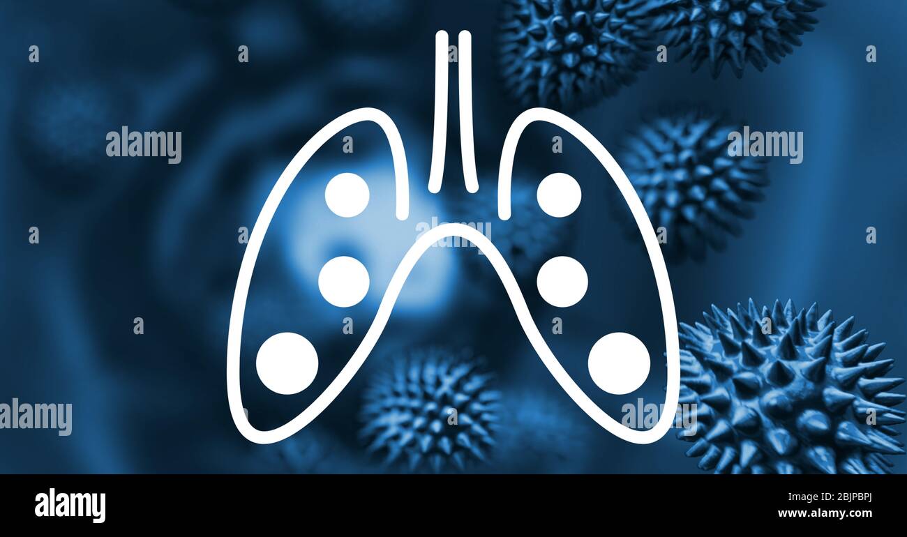 Digitale Darstellung der menschlichen Lunge Zeichen über Makro Coronavirus Covid-19 Zellen schweben Stockfoto