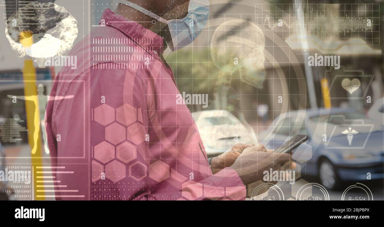 Digitale Illustration eines Mannes trägt Coronavirus Covid19 Maske auf der Straße und Wissenschaftler Bildschirme Stockfoto
