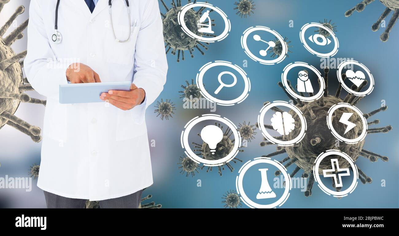 Digitale Darstellung eines Arztes mit einem digitalen Tablet über medizinischen Symbolen und Zellen, die sich ausbreiten Stockfoto
