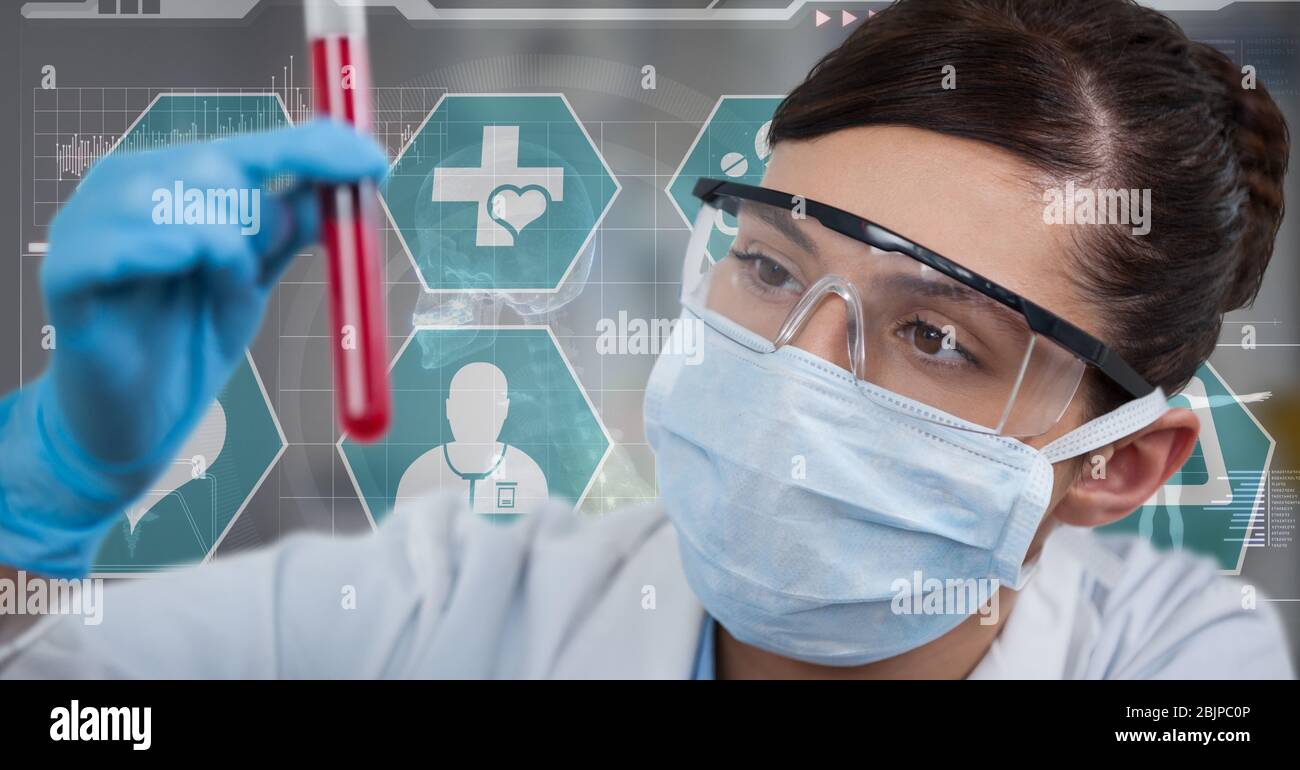 Digitale Illustration eines Wissenschaftlers mit Coronavirus Covid19 Maske Stockfoto