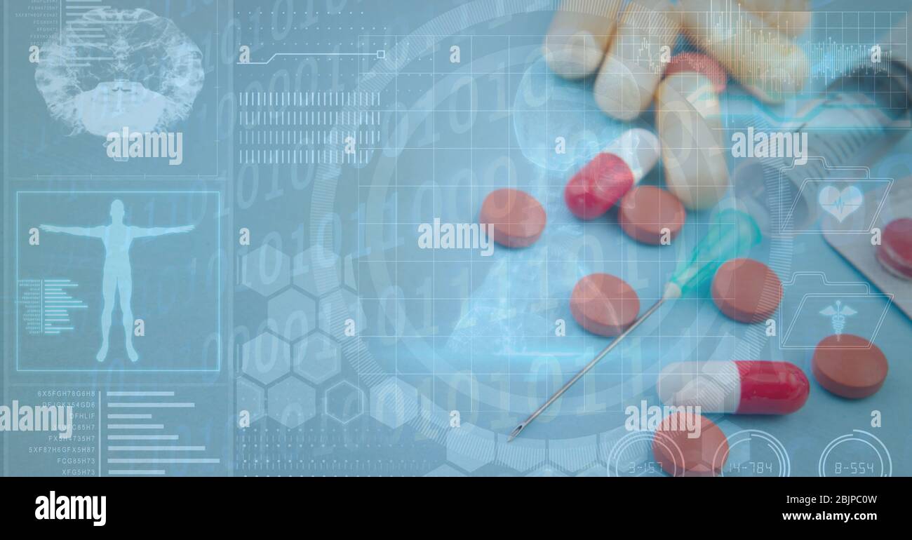 Digitale Illustration von Pillen auf einem Tisch über medizinischen Ikonen liegen Stockfoto