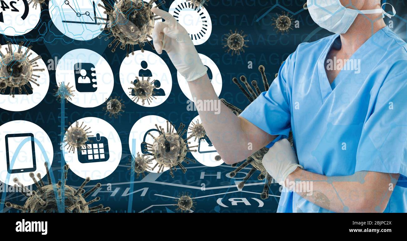 Digitale Illustration eines Arztes, der eine Gesichtsmaske und Schutzhandschuhe trägt und mit dem Finger auf das Makro zeigt Stockfoto
