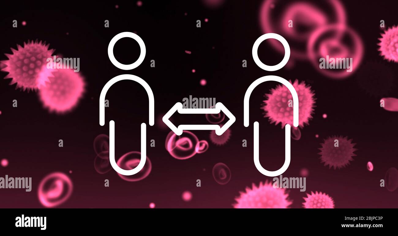 Digitale Darstellung einer Entfernung zwischen zwei Menschen über Makro Coronavirus Covid-19 Zellen schweben Stockfoto