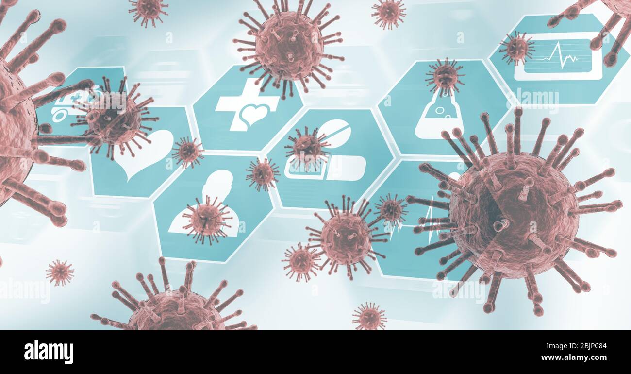 Digitale Illustration von Makro Coronavirus Covid-19 Zellen und medizinischen Ikonen schwimmend auf weißem Hintergrund Stockfoto