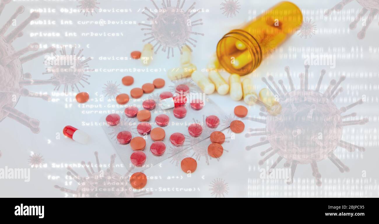 Digitale Illustration von medizinischen Pillen und Makro Coronavirus Covid-19 Zellen schwimmend auf weißem Hintergrund Stockfoto