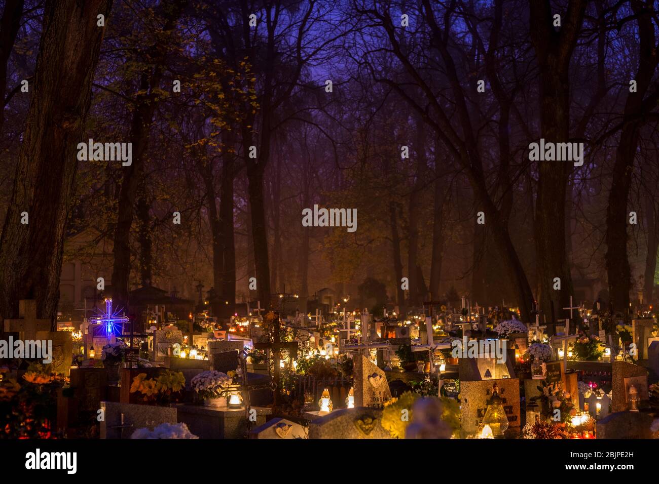 Abend am Allerheiligen-Tag auf dem Rakowicki-Friedhof in Krakau, Polen 2019. Stockfoto