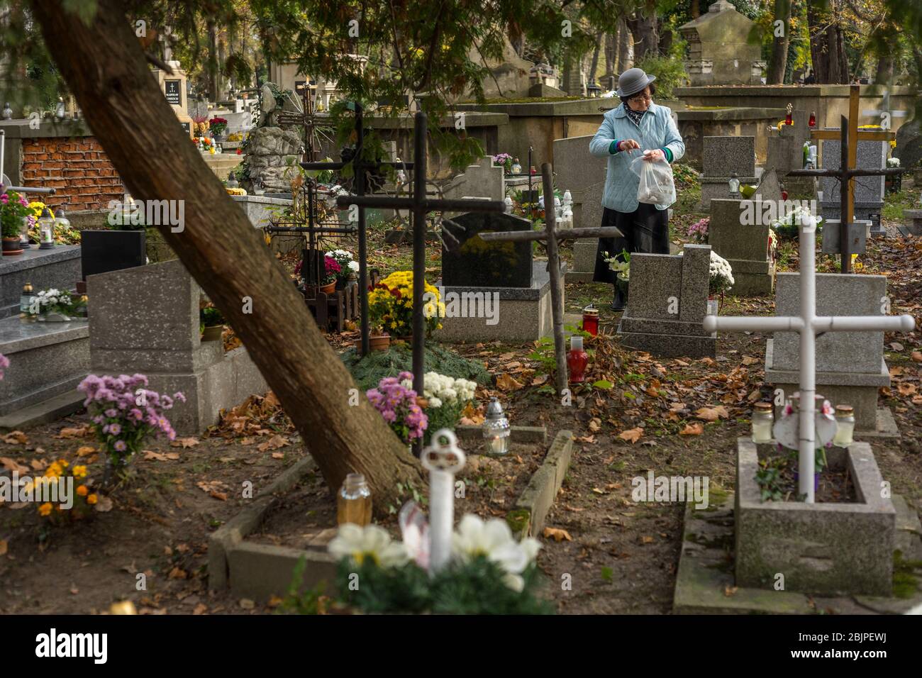Eine Frau zündet eine Kerze auf dem Rakowicki Friedhof in Krakau, Polen 2019 an. Stockfoto