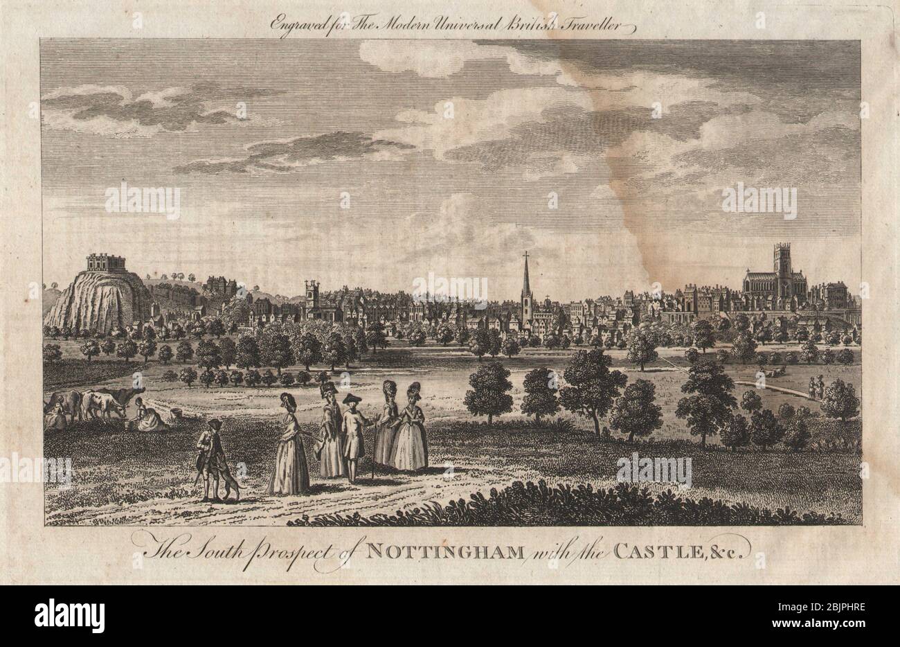 Die Südaussicht von Nottingham mit dem Schloss. BURLINGTON 1779 alter Druck Stockfoto