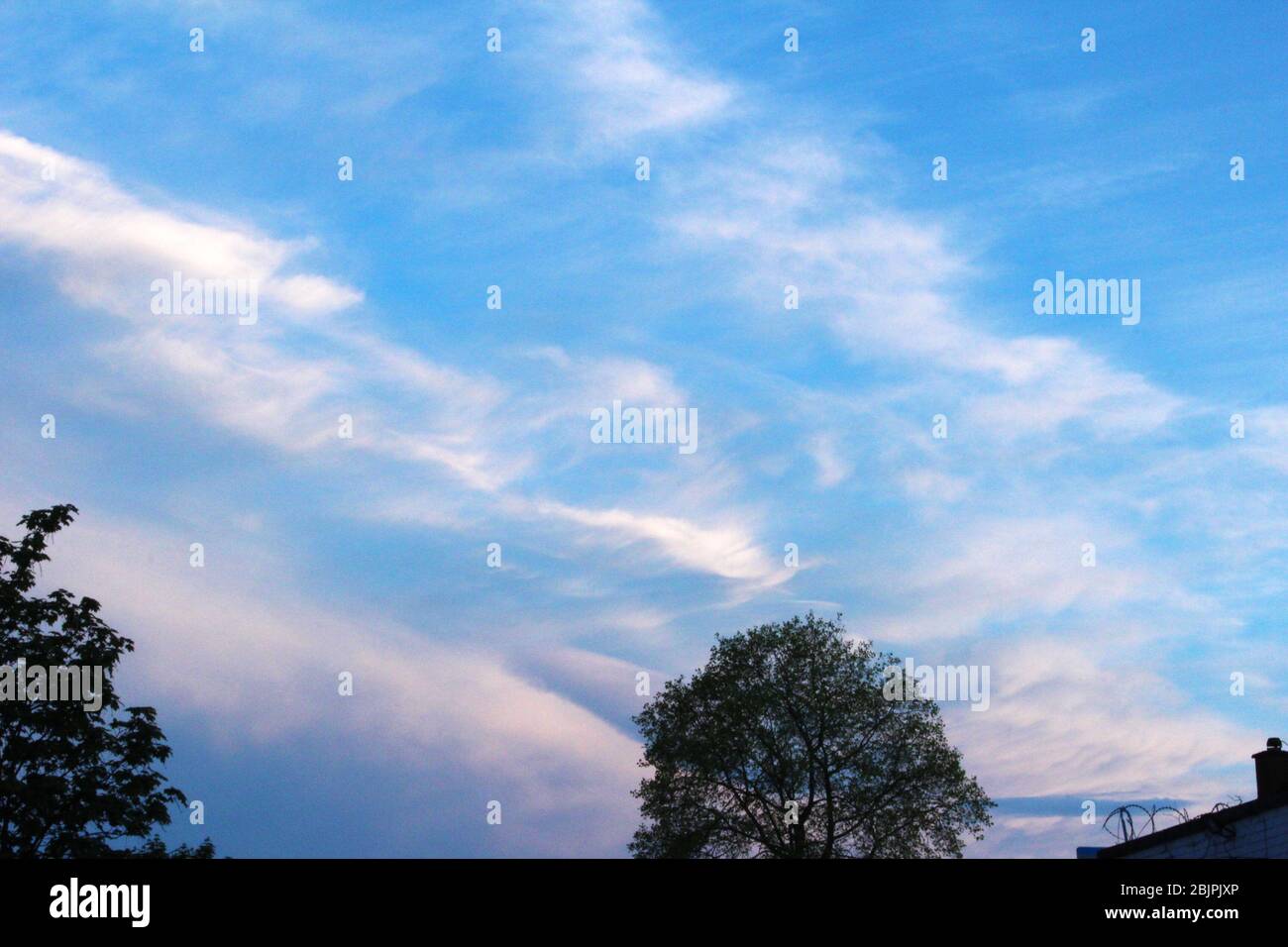 Hellrosa Wolken in einem hellblauen Himmel in Manchester, England Stockfoto