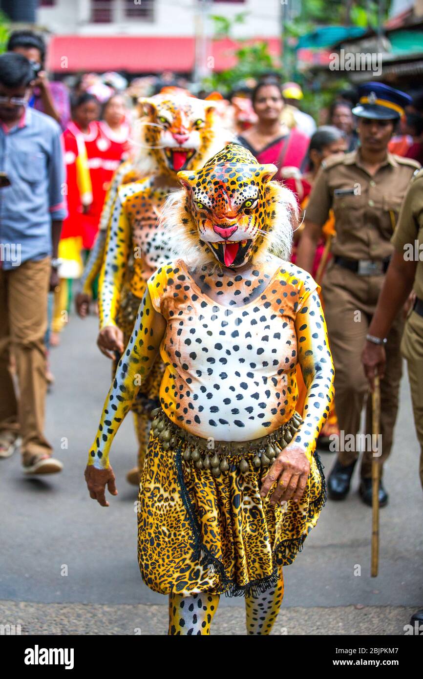 Pulikkali oder Tiger tanzen Darsteller aus den Straßen von Thrissur, Kerala, Indien während Onam Feier Stockfoto