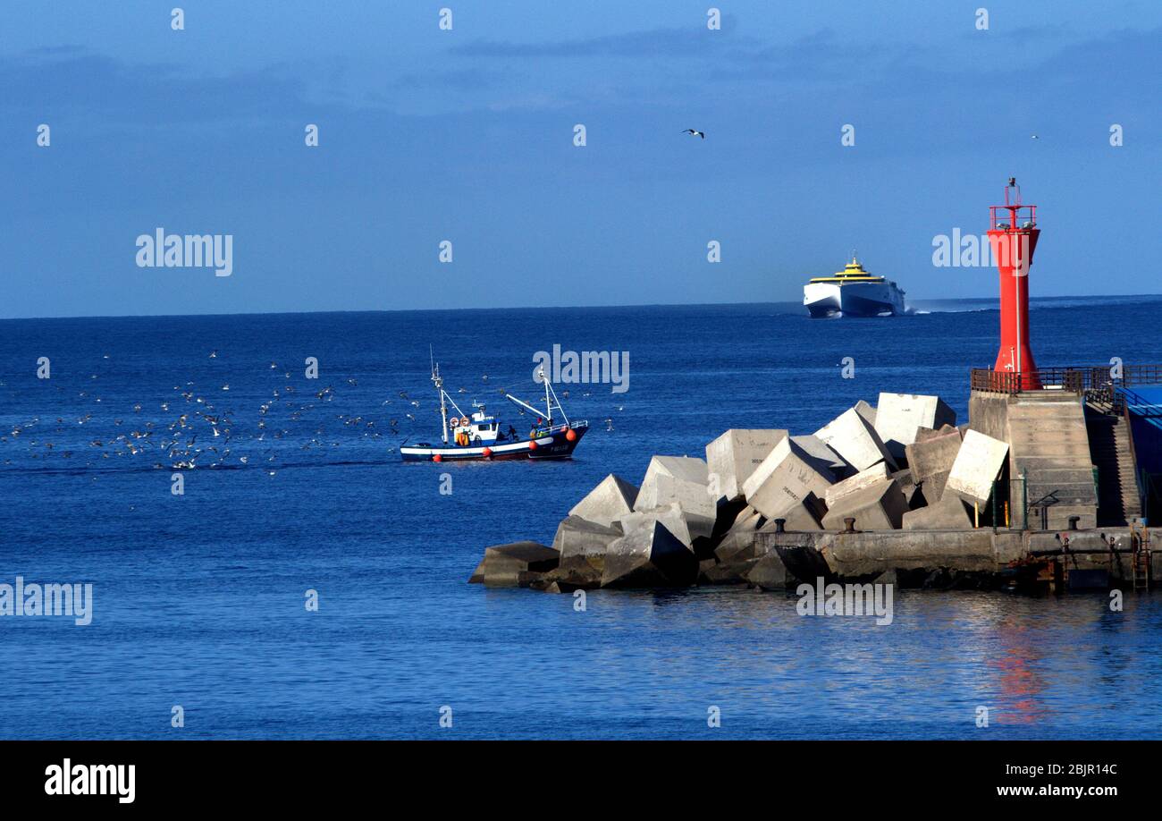 Kanarische Inseln, Spanien. April 2020. Jede Phase der Deeskalation in Spanien wird zwei Wochen dauern und wird auf die nächste vorgerückt werden oder wird auf die vorherige je nach der epidemiologischen Situation, die Aktivität im Hafen und an den Stränden mit Überwachung in Kanarischen Inseln, Spanien am 29. April 2020 umgekehrt werden. Die Inseln La Gomera, El Hierro und La Gomera werden als erste die Einsperelung verlassen. (Foto: Mercedes Menendez/Pacific Press/Sipa USA) Quelle: SIPA USA/Alamy Live News Stockfoto