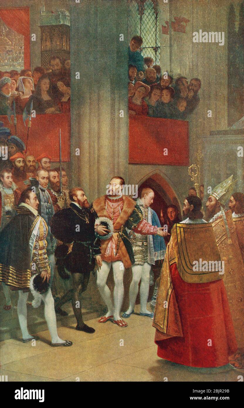 Franz I. und Karl V. besuchen die Gräber von St. Denis, Paris, Frankreich, nach dem Gemälde von Antoine-Jean Gros. Franz I., 1494 – 1547. König von Frankreich. Karl V., 1500 – 1558. Römischer Kaiser, Erzherzog von Österreich und König von Spanien. Aus Großbritannien und ihren Nachbarn, 1485 - 1688, veröffentlicht 1923. Stockfoto