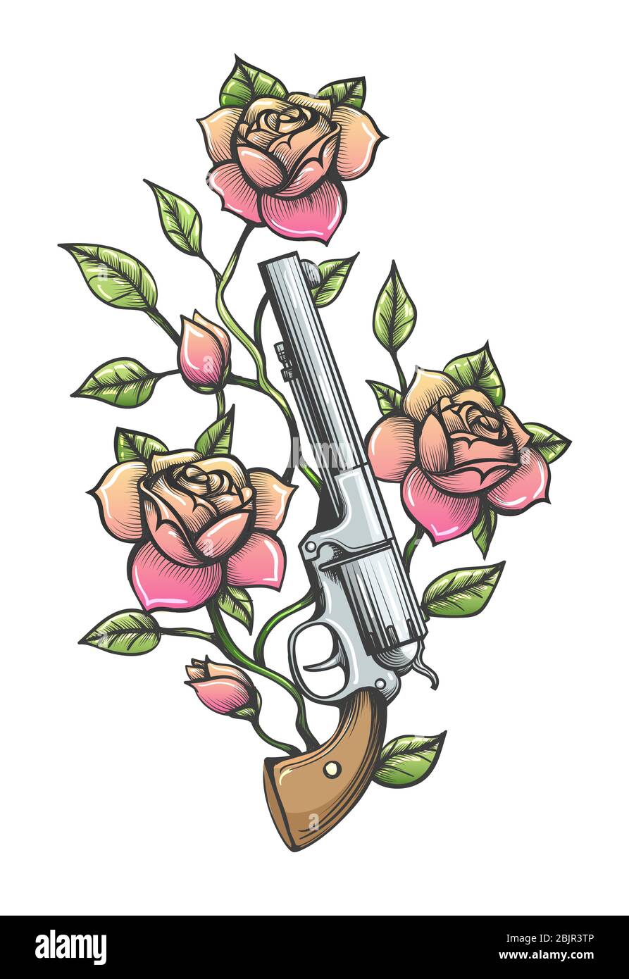 Revolver mit Zweig der Rose Blume im Tattoo-Stil gezeichnet. Vektorgrafik. Stock Vektor