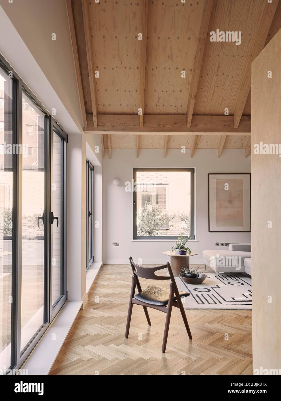 Blick auf das offene Wohnzimmer/Küche mit gewölbter Decke und weichen Möbeln. Spencer Courtyard, London, Großbritannien. Architekt: Kennedy T Stockfoto