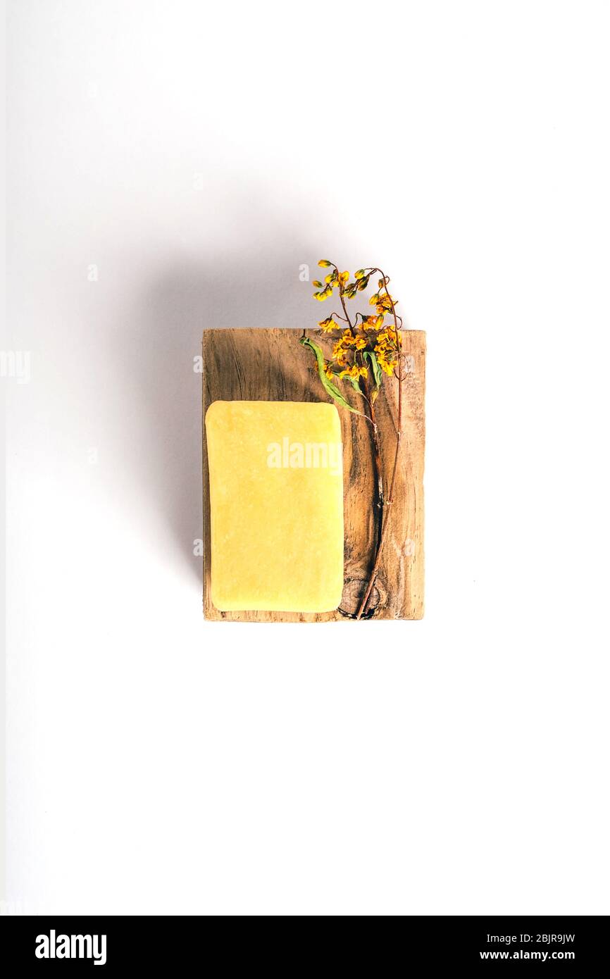 Stück Seife auf Holzstab mit trockenen Kräutern auf weißem Papier Hintergrund. Gesundheits- und Schönheitskonzept. Stockfoto