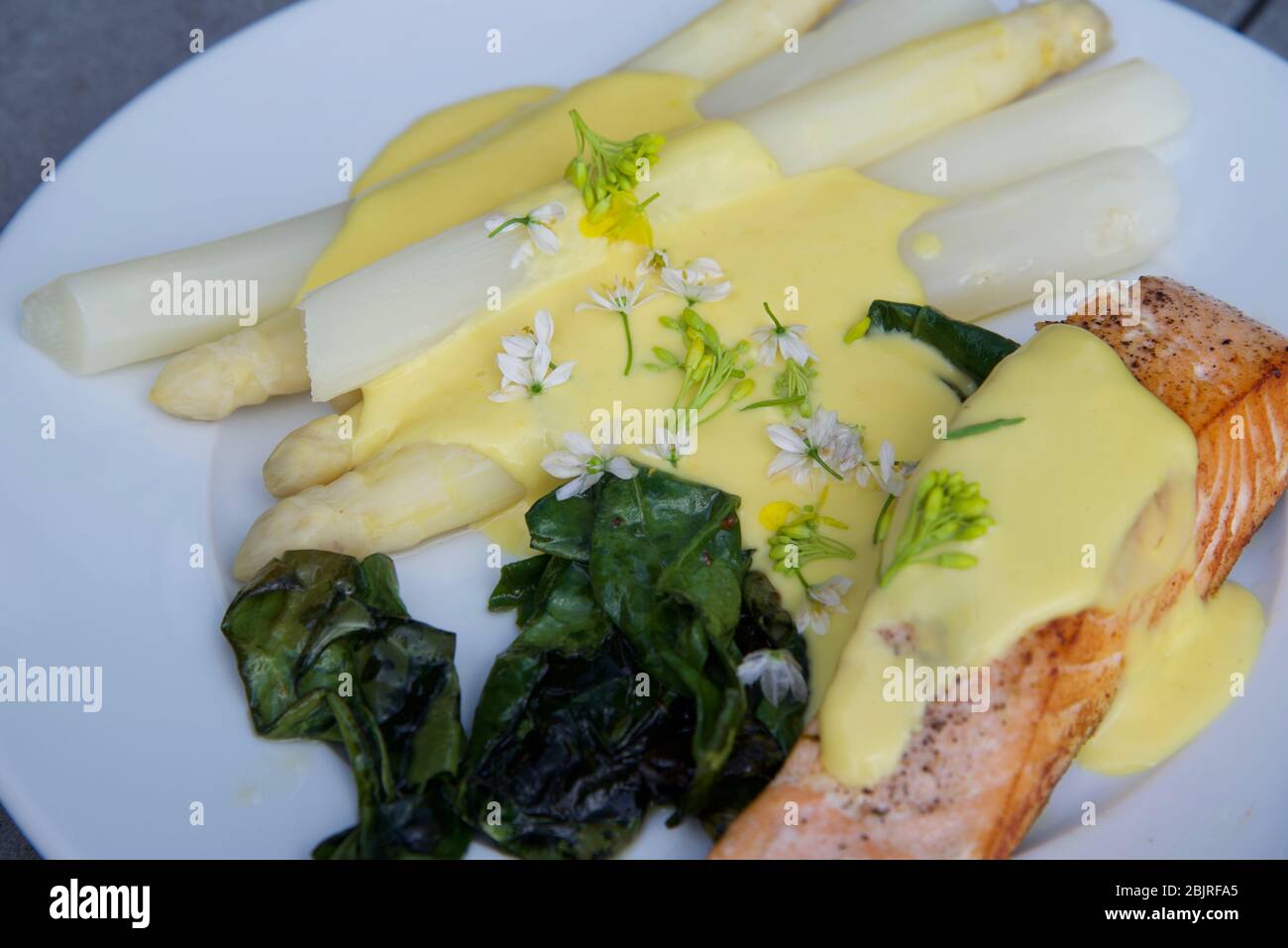 Essen auf einem Teller: Gebratener Lachs, weißer Spargel und Mangold mit Hollandaise-Sauce und mit rosa Knoblauchblüten gekleidet Stockfoto