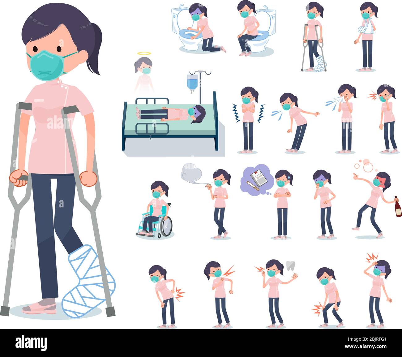 Eine Reihe von medizinischen Personal Frauen tragen N95mask mit Verletzungen und Krankheit.Es gibt Aktionen, die Abhängigkeit und Tod ausdrücken.Es ist Vektor-Kunst, so ist es einfach Stock Vektor