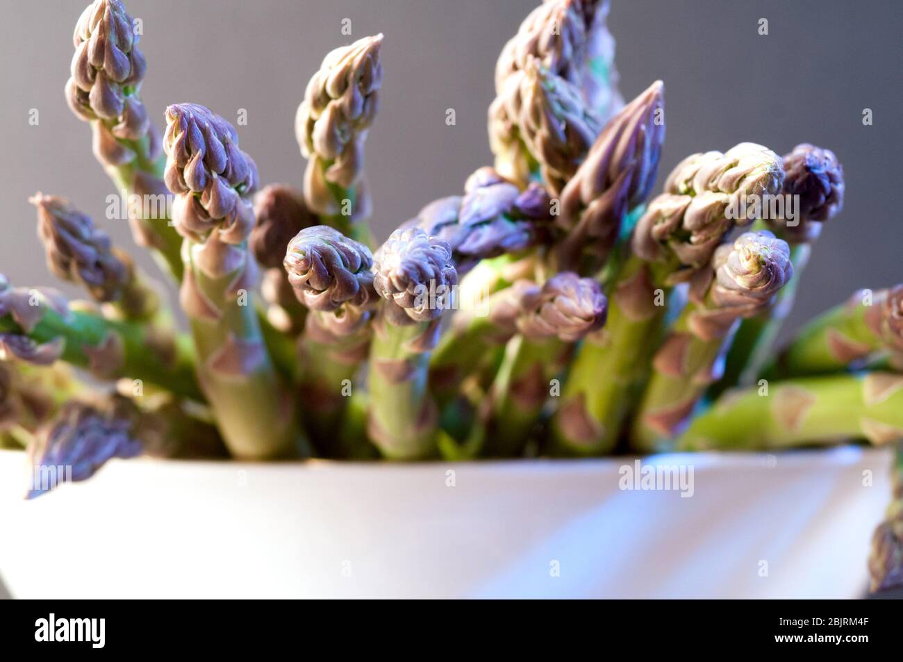 Viele Spargel auf einem Holzteller auf grauem Hintergrund. Gesunde Gemüsefutter. studio-Shoot Stockfoto