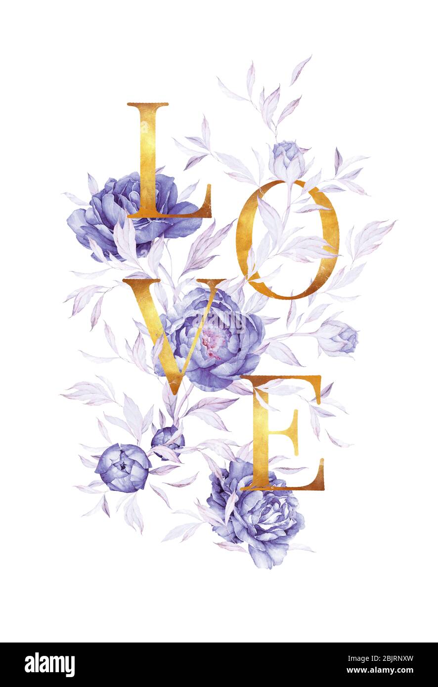 Florale Komposition. Liebe Goldene Buchstaben Blaue Blumen. Hellblau Üppige Blätter. Aquarellblumen. Vorgefertigte Komposition. Posterkarten. Druckqualität. Whi Stockfoto