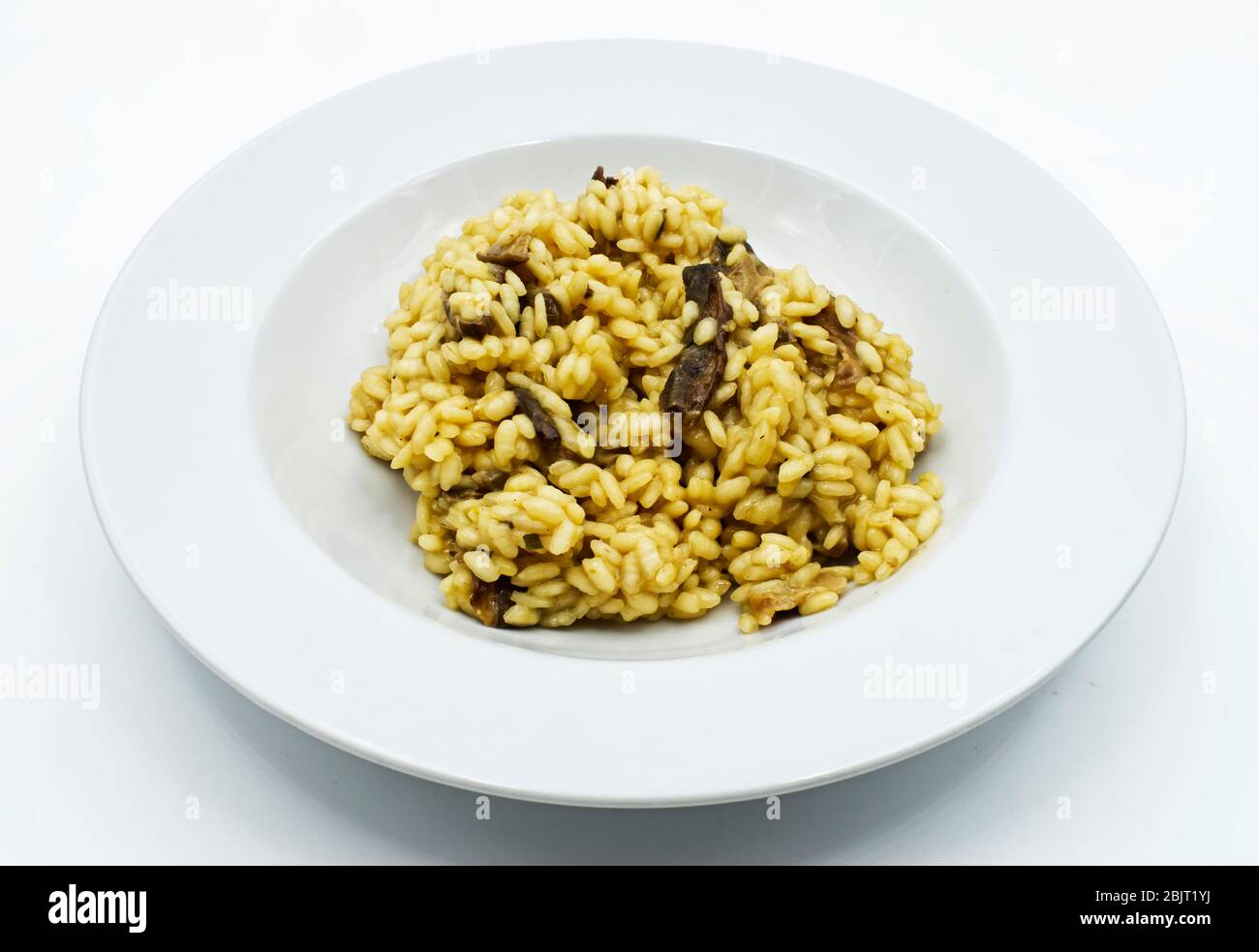 Italienische Pilze Risotto auf weißem Gericht isoliert auf weißem Hintergrund Stockfoto