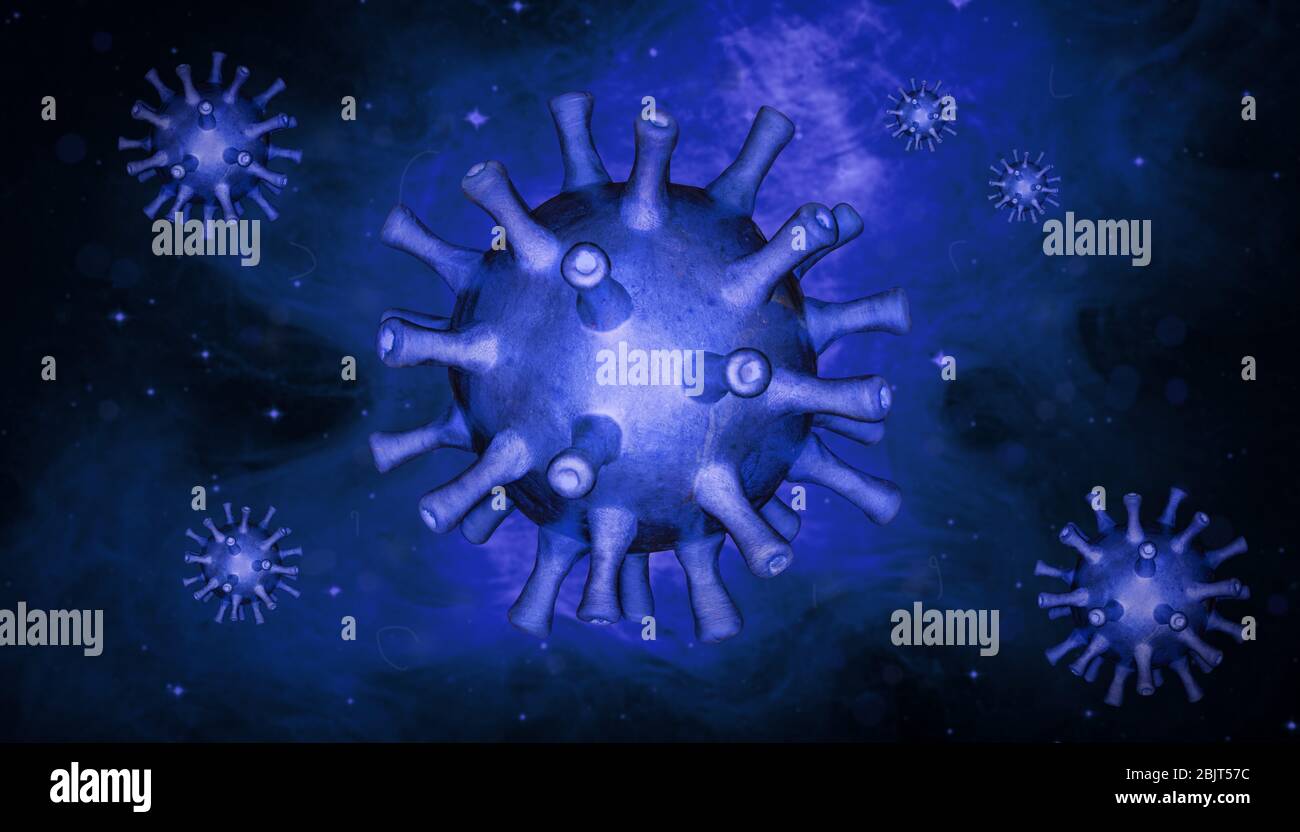 Coronavirus Keime auf blauem Hintergrund, SARS-CoV-2 Corona oder Grippevirus in Zelle, 3d-Rendering. Banner mit Coronavirus Ausbruch und COVID-19 Pandemie der Stockfoto
