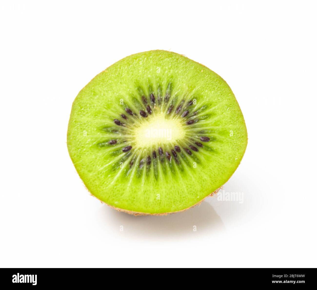 Grüner Kiwi auf weißem Hintergrund in die Hälfte geschnitten Stockfoto