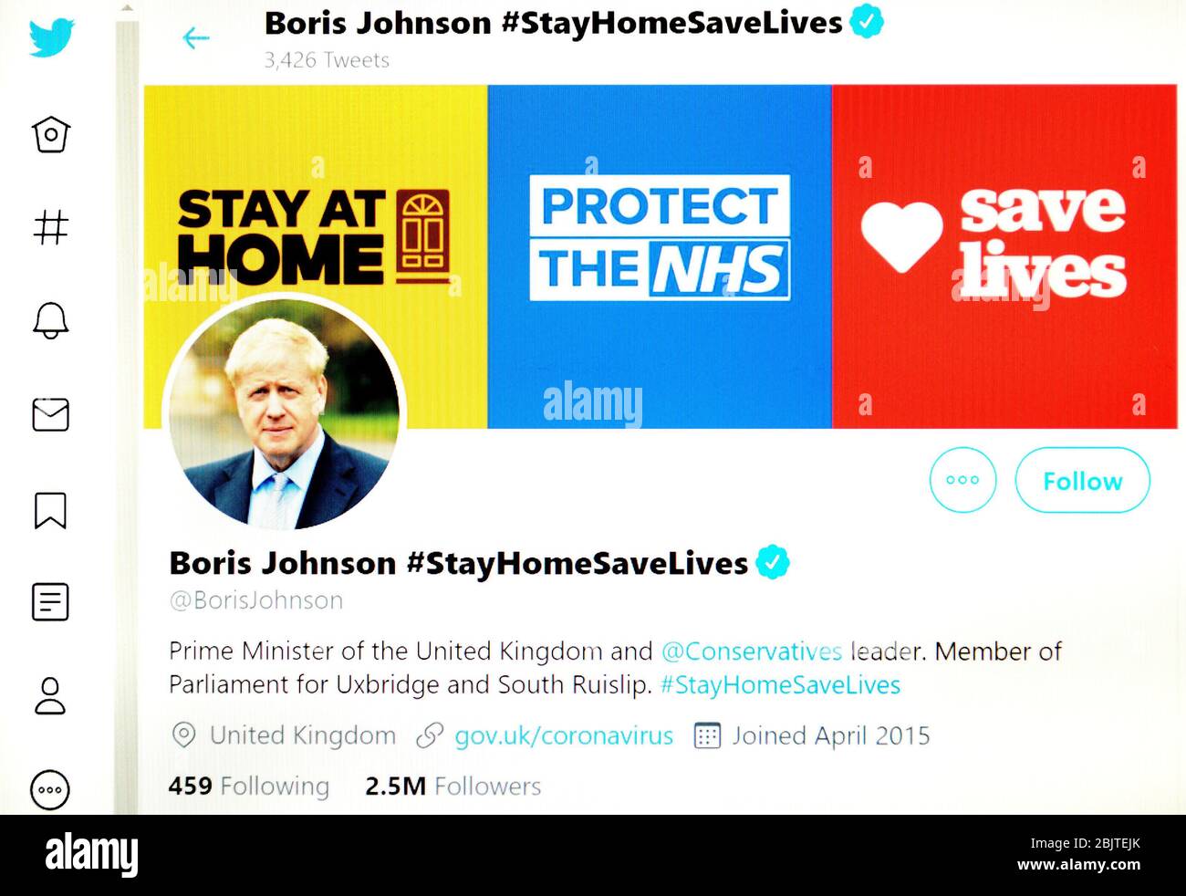 Twitter-Seite (Mai 2020): Boris Johnson, britischer Premierminister Stockfoto